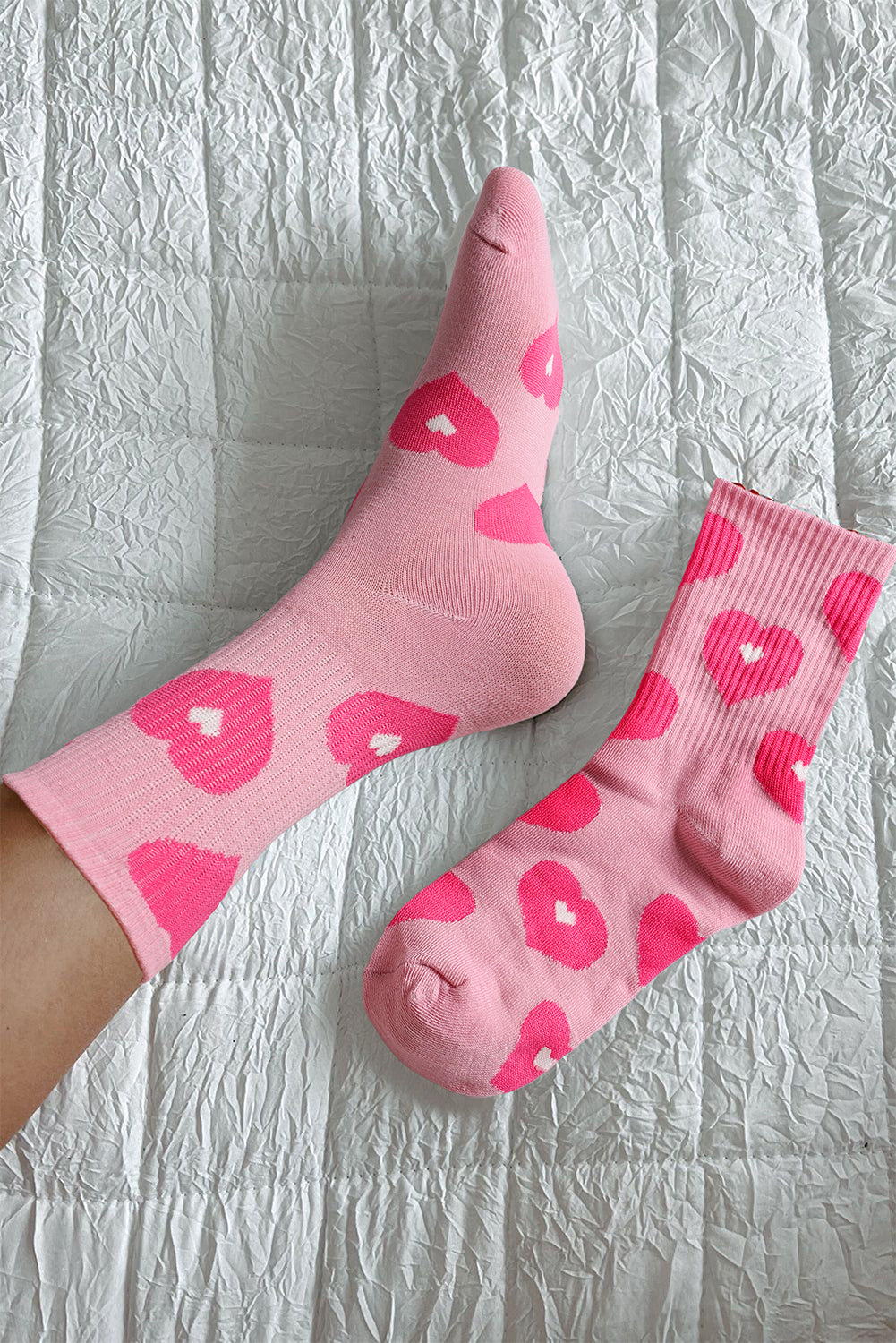 Light Pink Heart Print Ribbed Trim Soft Crew Socks