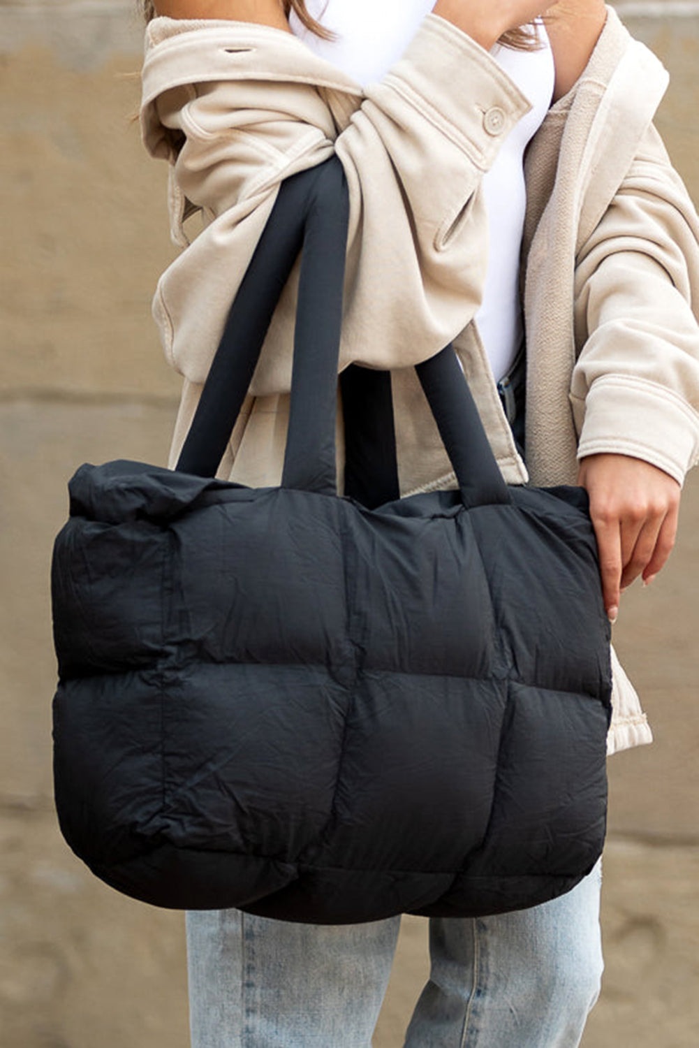 Color black Solid Quilted Puffy Zipped Large Tote Bag