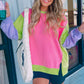 Pink Colorblock Exposed Seam Crewneck Casual Sweatshirt