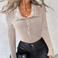 Turn down Collar Frill Hem Rhinestone Decor Ribbed Top