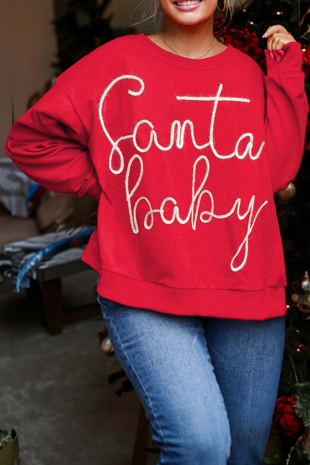 Fiery Red Plus Size Santa Baby Tinsel Crew Neck Sweatshirt