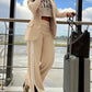 2 Piece Stripe Print Notched Collar Long Sleeve Coat Slit Straight Pants Work Pants Set