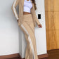 2 Piece Stripe Print Notched Collar Long Sleeve Coat Slit Straight Pants Work Pants Set