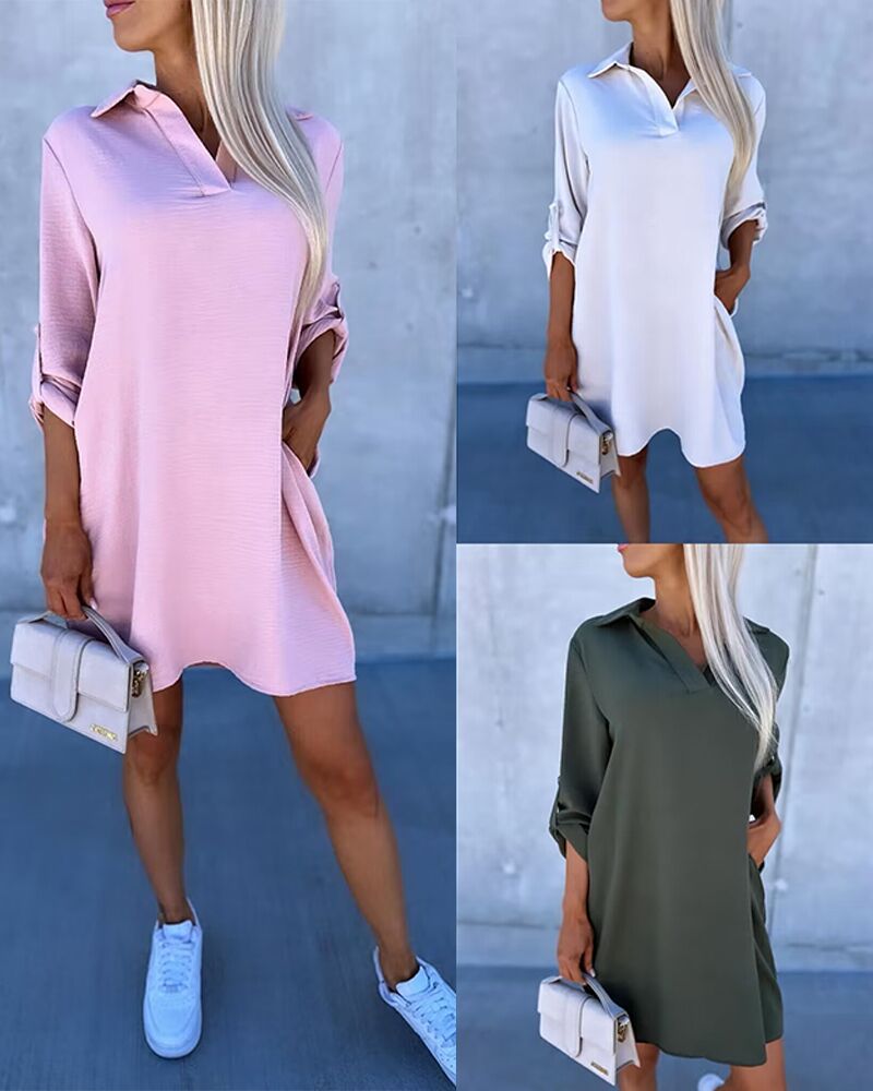 Roll Up Sleeve Casual Shirt Dress