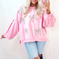 Light Pink Embroidered Bow Lantern Sleeve Oversized Pullover Sweatshirt