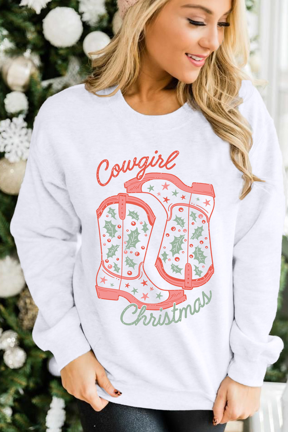 White Cowgirl Boots Christmas Graphic Crewneck Sweatshirt