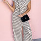 Khaki Checkered Print Buttoned Crew Neck Wide Leg Jumpsuit