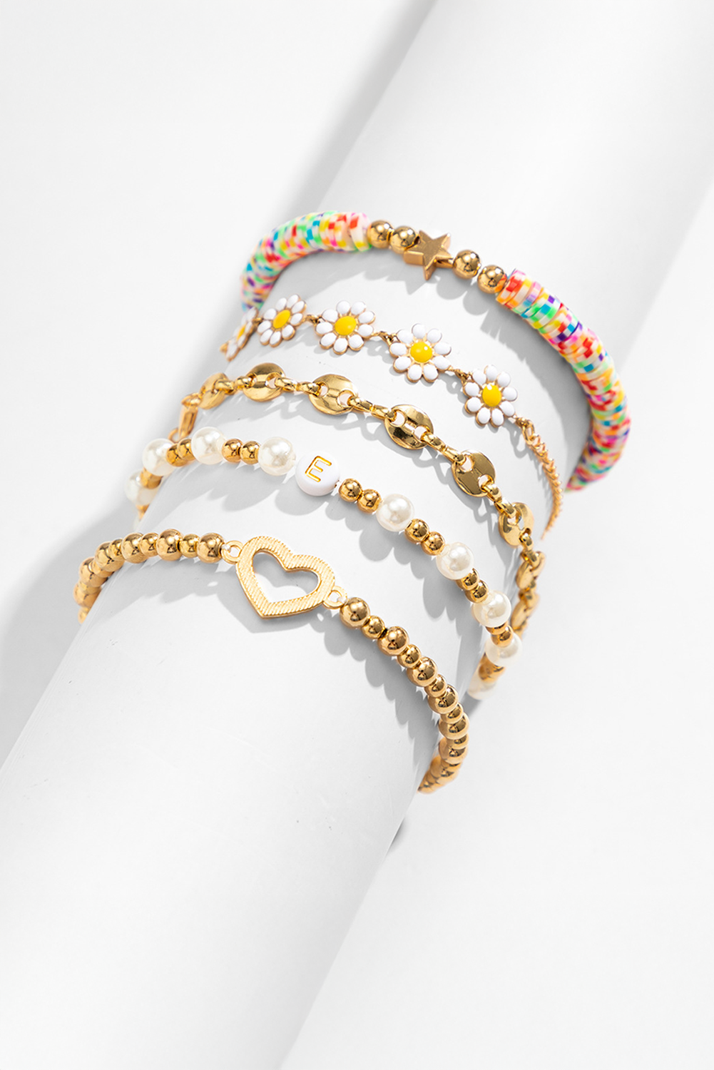 Gold Daisy Heart Pearl Beaded Multi Layer Bracelet