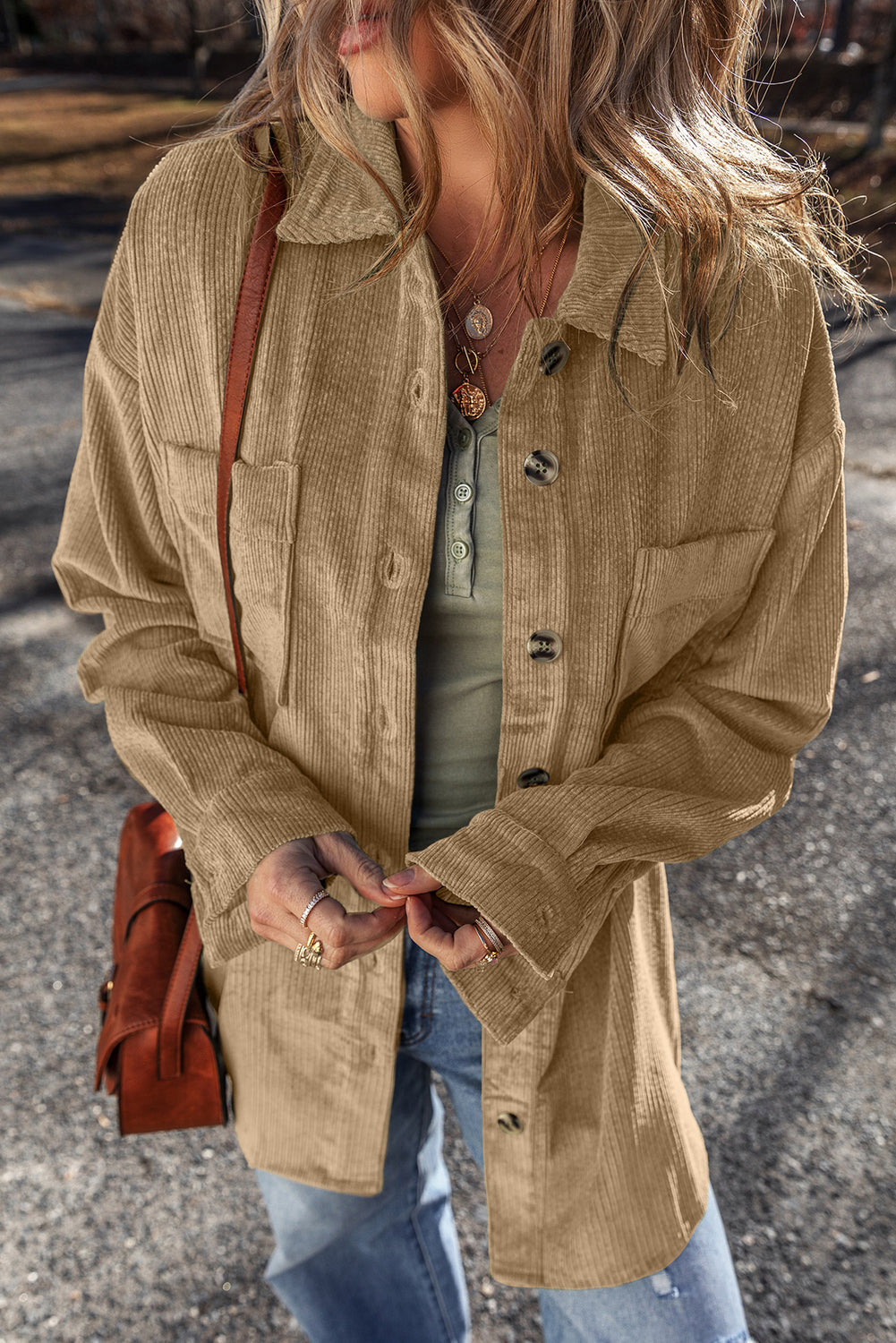 Light French Beige Patched Pocket Button Up Corduroy Shacket