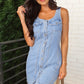 Beau Blue Light Wash Denim Buttoned Front Chest Pockets Sleeveless Slim Mini Dress