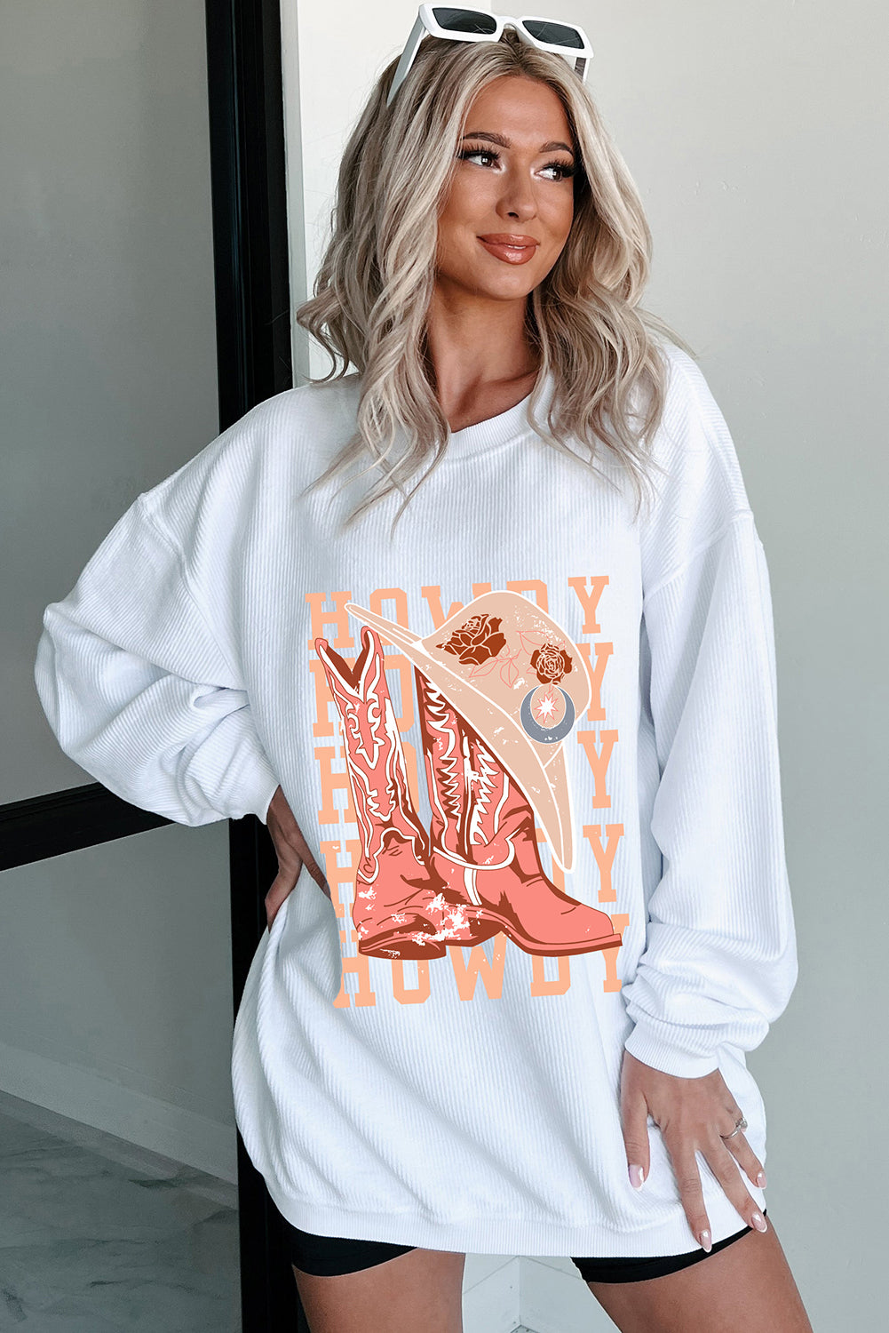 White Cowgirl Boots Hat HOWDY Graphic Corded Sweatshirt