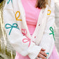 White Bowknot Drop Shoulder Knitted Button up Cardigan