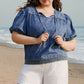 Sail Blue Plus Drawstring V Neck Puff Sleeve Denim Blouse