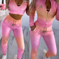 3 Piece Velvet Ombre Tracksuit Outfits Sleeveless Chain Decor Crop Tank Tops Pockets Design Sweatpants Sets with Zip Up Coat