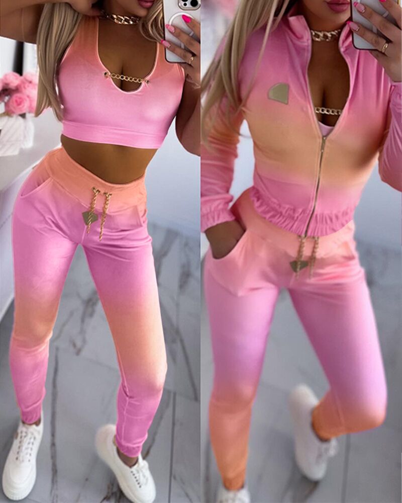 3 Piece Velvet Ombre Tracksuit Outfits Sleeveless Chain Decor Crop Tank Tops Pockets Design Sweatpants Sets with Zip Up Coat