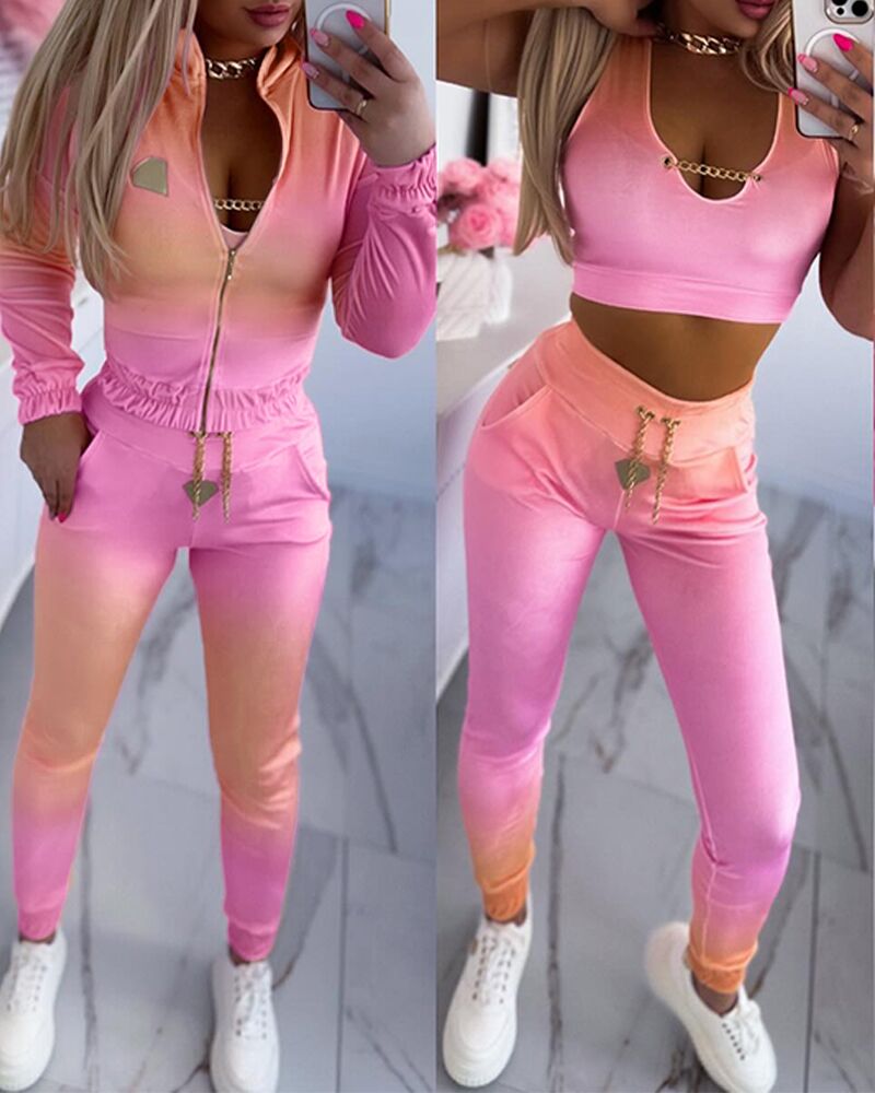 3 Piece Velvet Ombre Tracksuit Outfits Sleeveless Chain Decor Crop Tank Tops Pockets Design Sweatpants Sets with Zip Up Coat