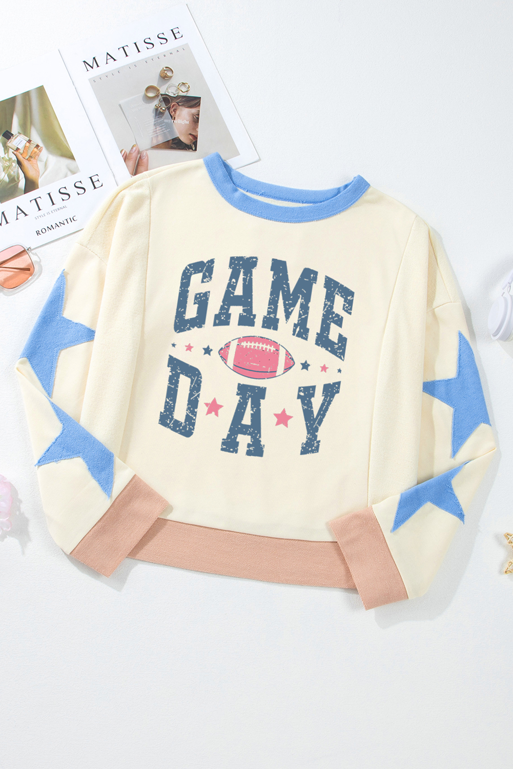 Beige GAME DAY Rugby Football Graphic Contrast Trim Pullover Sweatshirt