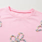 Light Pink Embroidered Bow Lantern Sleeve Oversized Pullover Sweatshirt