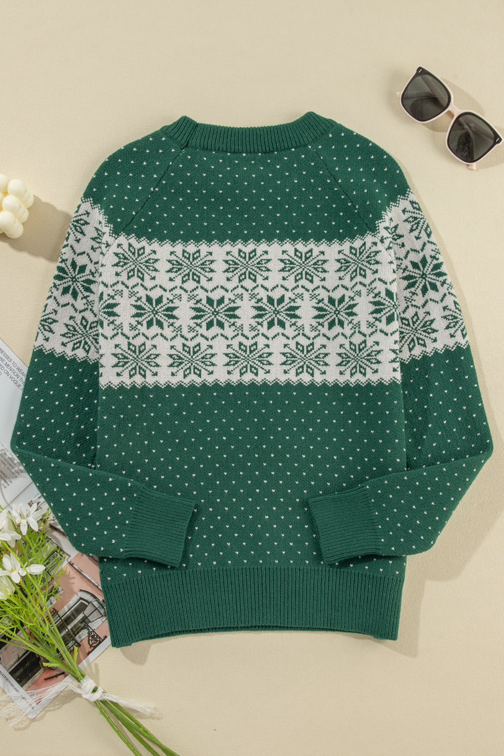 Green Christmas Snowflake Dotted Print Round Neck Sweater