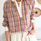 Pink Colorblock Plaid Patchwork Henley Blouse