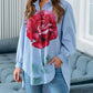 Striped Rose Print Dip Hem Casual Top