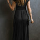 Black Short Sleeve Shirred High Waist V Neck Maxi Dress