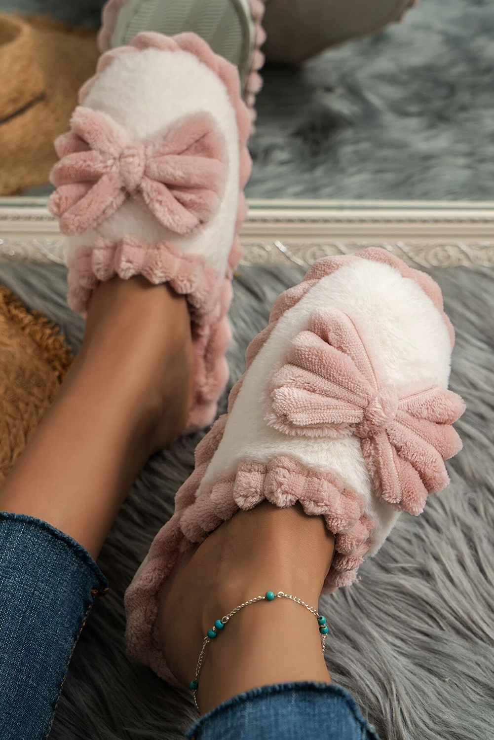 Fushia Bow Decor Color Block Ribbed Plush Slippers