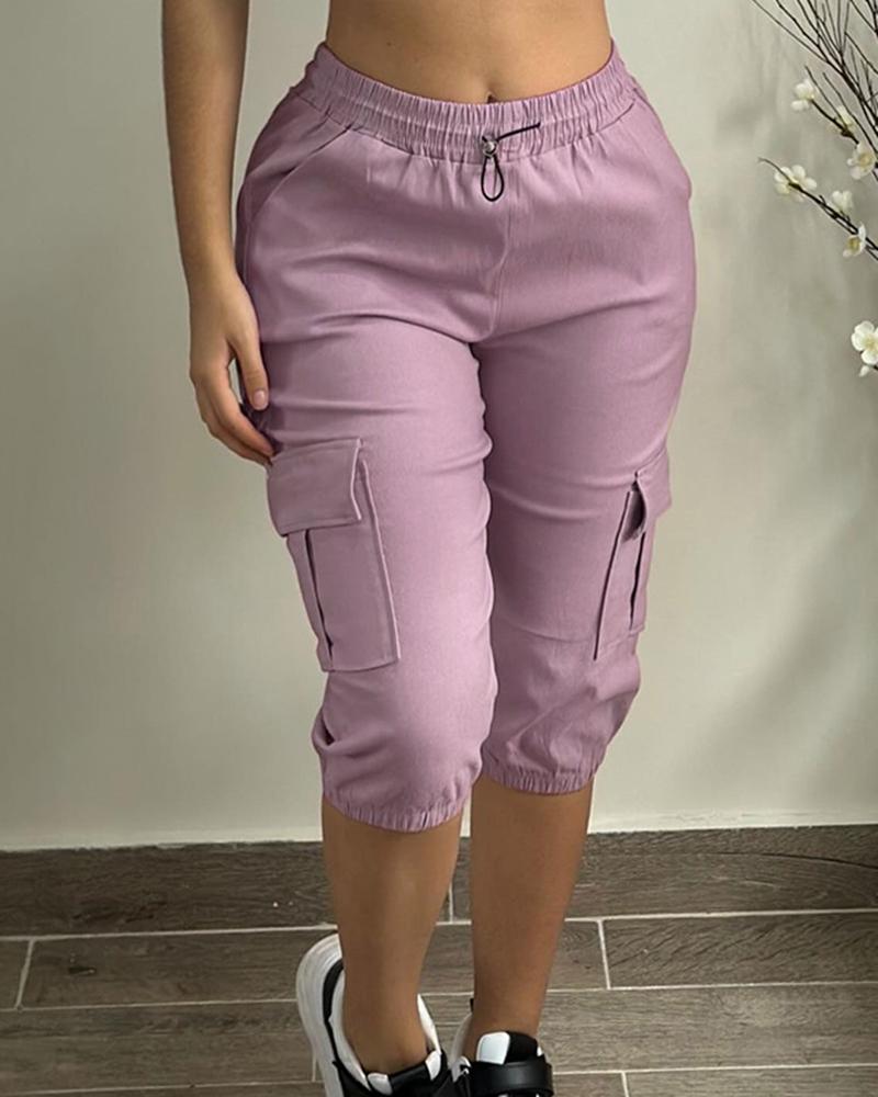 Side Pockets Drawstring Waist Cropped Cargo Pants