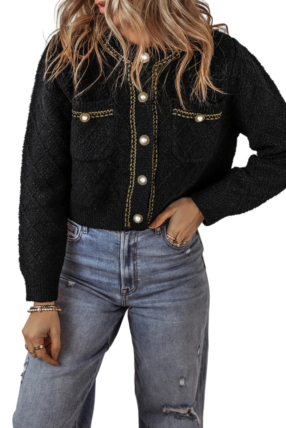 Black Shimmer Flap Pocket Button up Cardigan