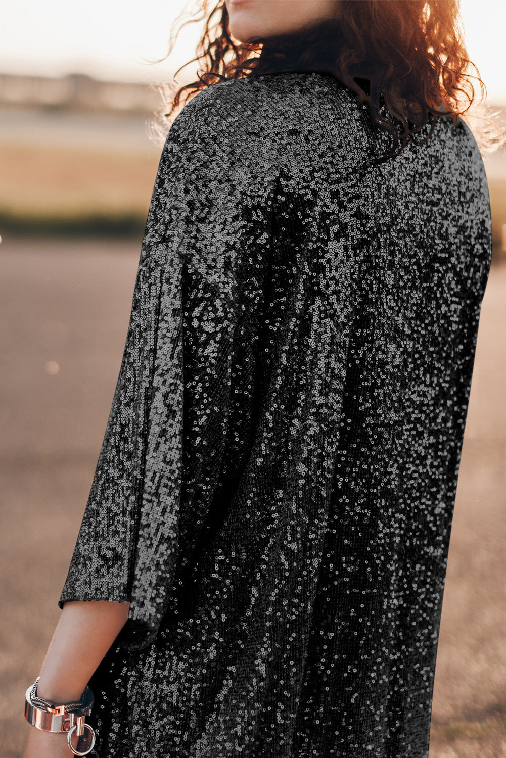 Black Sequin 3/4 Sleeve Open Front Duster Kimono