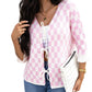 Light Pink Checkered Knitted Lace-up Ruffled 3/4 Sleeve Cardigan