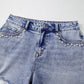 Beau Blue Pearl Studded Pockets Raw Hem Denim Shorts