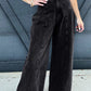 Dark Grey Pleated Wide Leg Mineral Wash Denim Pants