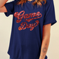 Blue Glittering Game Day Graphic Cuffed Sleeve Crew Neck T Shirt