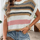 Pink Stripe Color Block Eyelet Knit Short Sleeve Sweater Tee