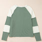 Mint Green Ribbed Colorblock Patchwork Raglan Long Sleeve Top