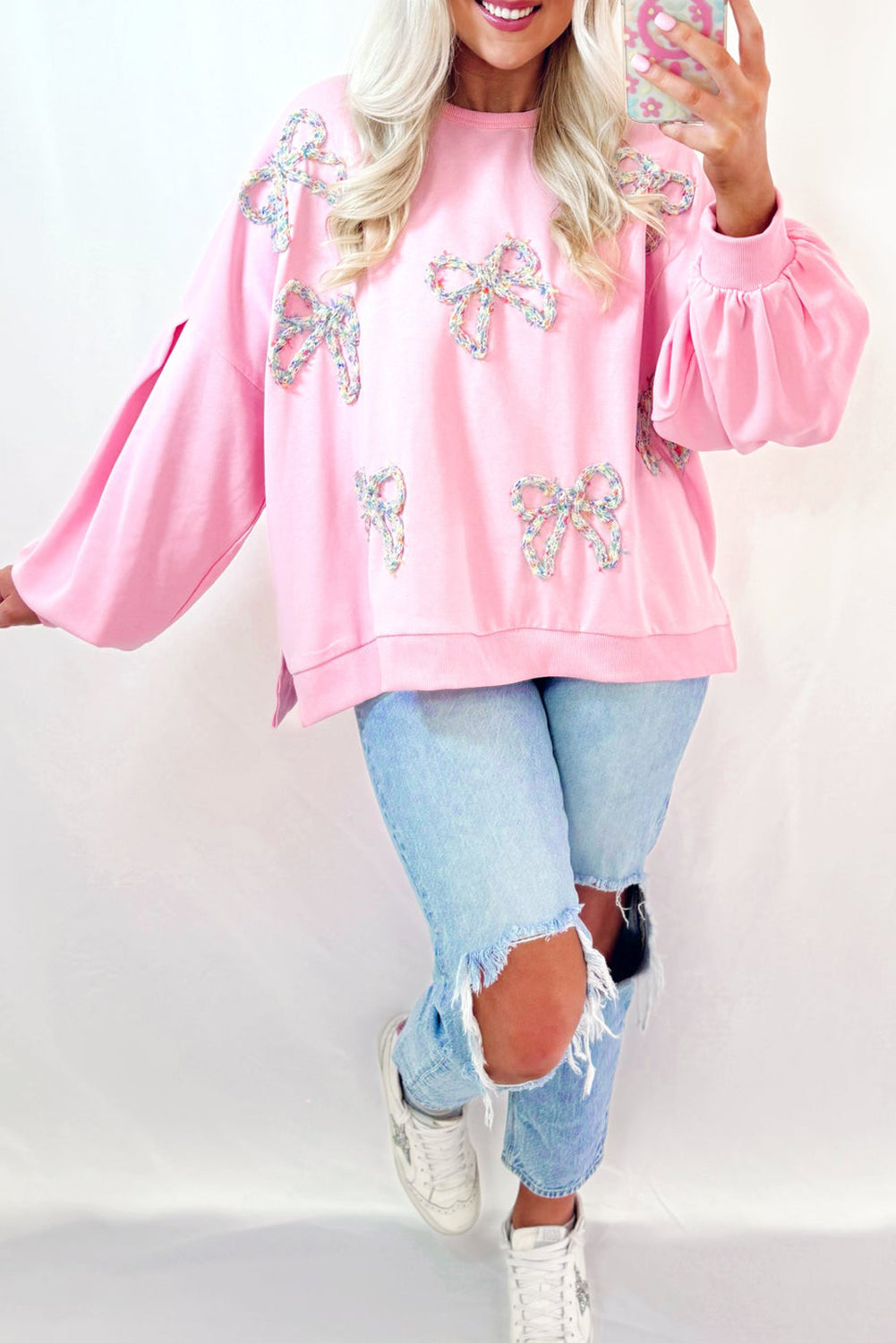 Light Pink Embroidered Bow Lantern Sleeve Oversized Pullover Sweatshirt