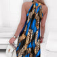 Floral Leopard Print Halter Sleeveless Ruched Cold Shoulder A Line Dress Vacation Dress