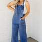 Prussian Blue Mineral Wash Knotted Strap Patched Pocket Wide Leg Denim Overalls