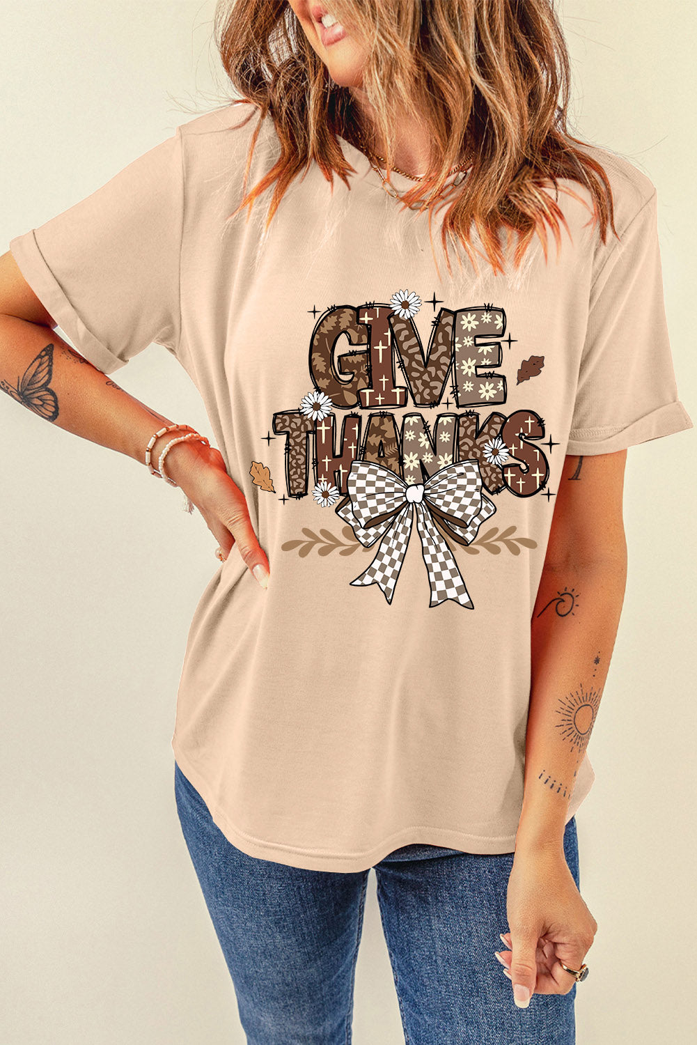 Khaki GIVE THANKS Bowknot Printed Crewneck T Shirt