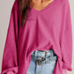 Bright Pink Waffle V Neck Long Sleeve Drop Shoulder Loose Blouse