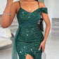 Allover Sequin V Neck Spaghetti Strap Sheer Mesh Slit Maxi Dress Evening Party Dress