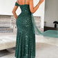 Allover Sequin V Neck Spaghetti Strap Sheer Mesh Slit Maxi Dress Evening Party Dress