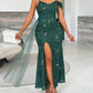 Allover Sequin V Neck Spaghetti Strap Sheer Mesh Slit Maxi Dress Evening Party Dress