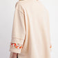 Beige Plus Size Flower Patched Side Slits Crewneck Top