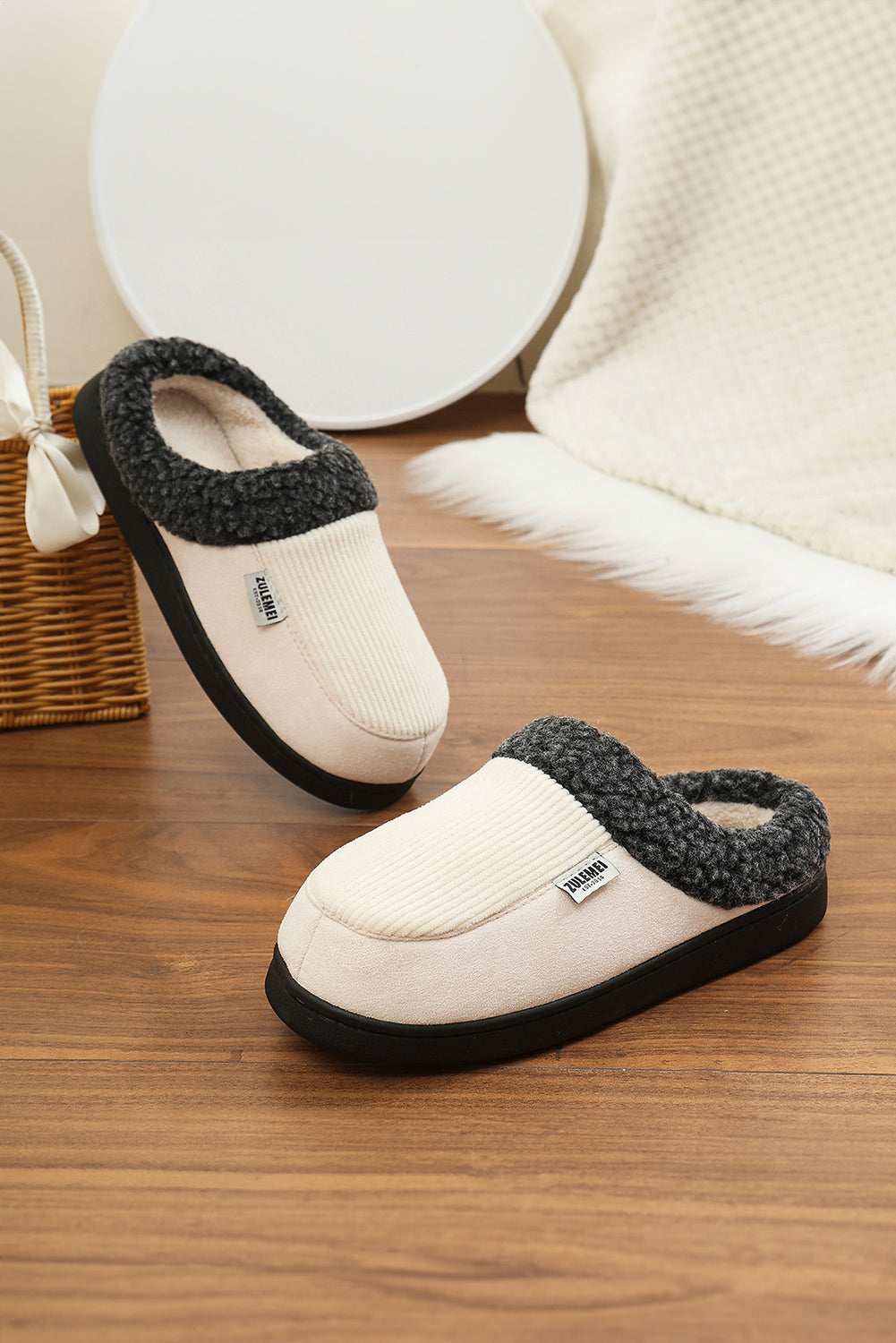 White Color Block Plush Lined Winter Slippers