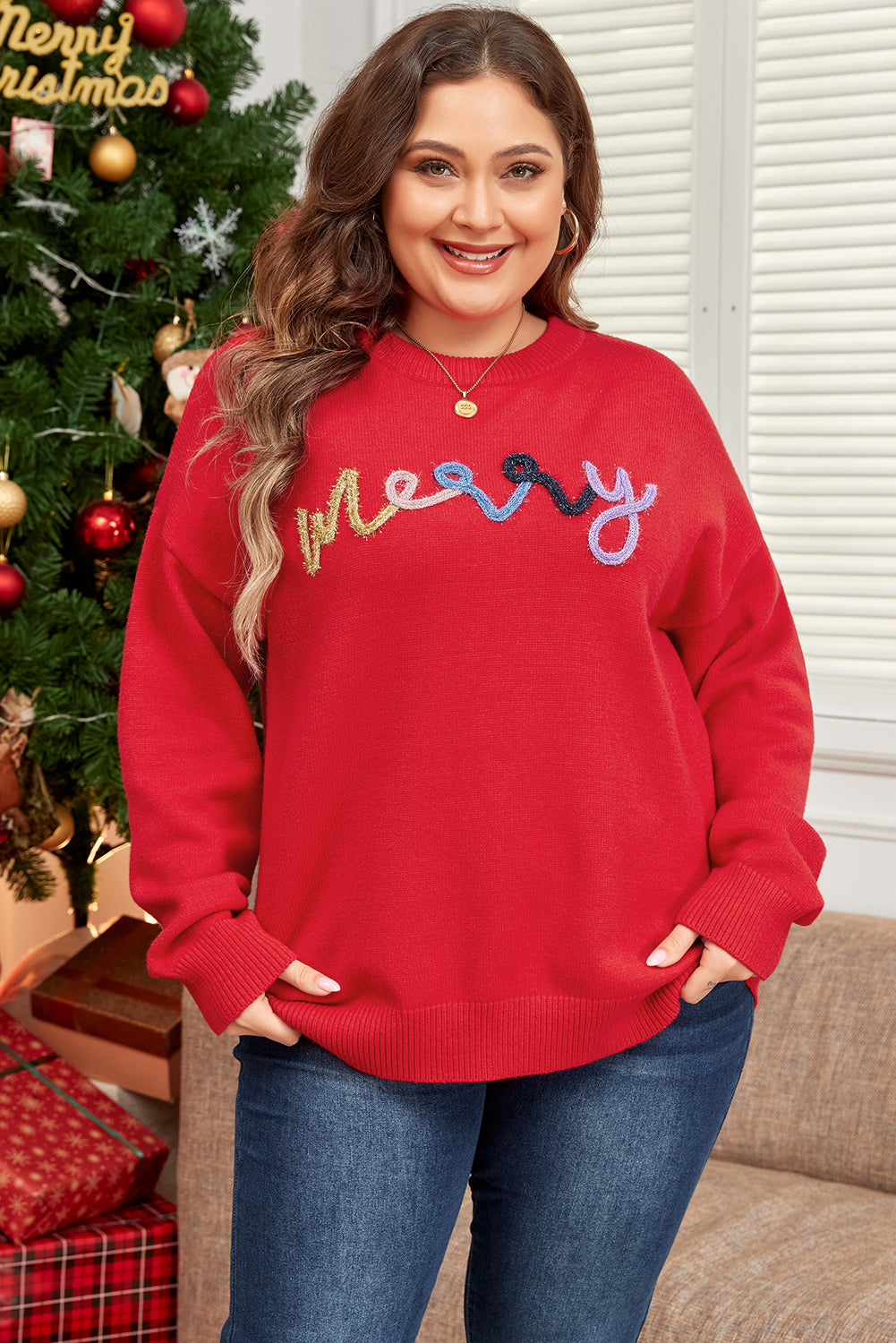 Fiery Red Tinsel merry Pattern Drop Shoulder Plus Size Sweater