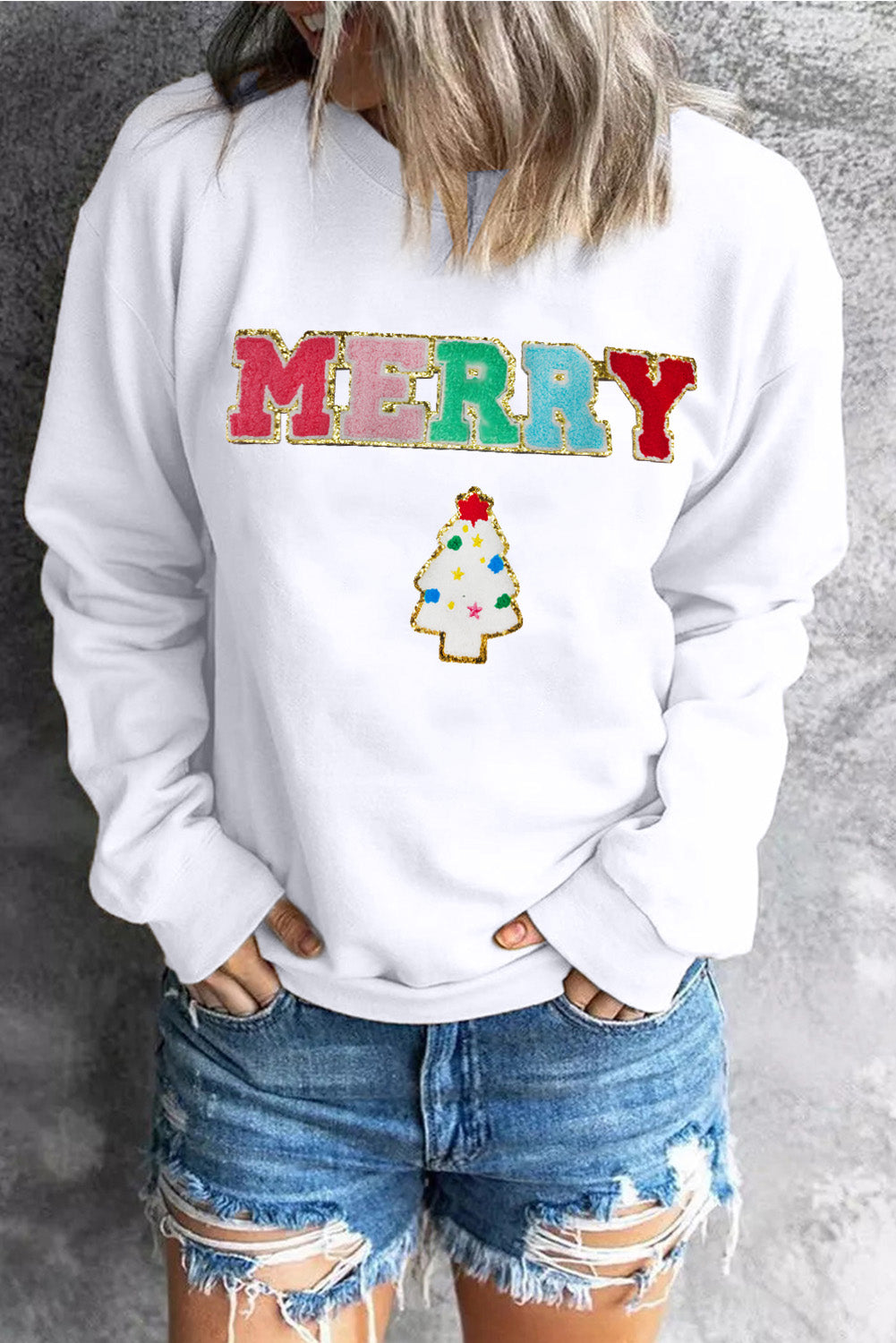 Beige MERRY Christmas Tree Chenille Patch Graphic Sweatshirt