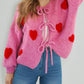 Heart Pattern Long Sleeve Round Neck Tied Detail Cardigan Spring Winter Top