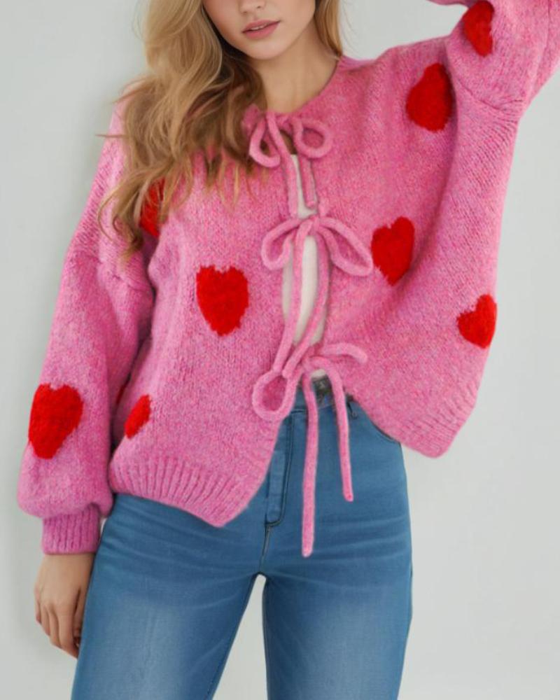 Heart Pattern Long Sleeve Round Neck Tied Detail Cardigan Spring Winter Top